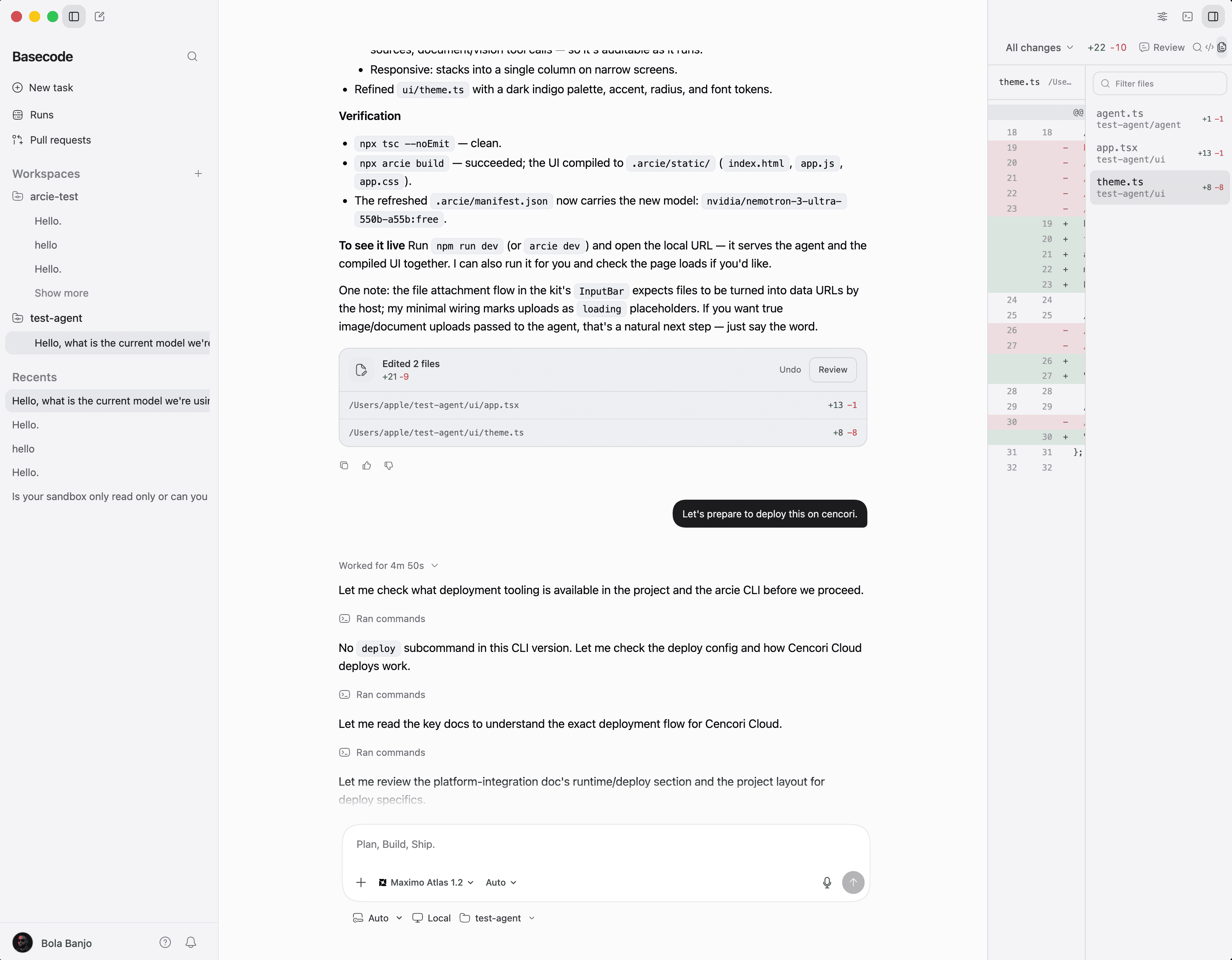 Basecode desktop workspace showing an agent task and code review